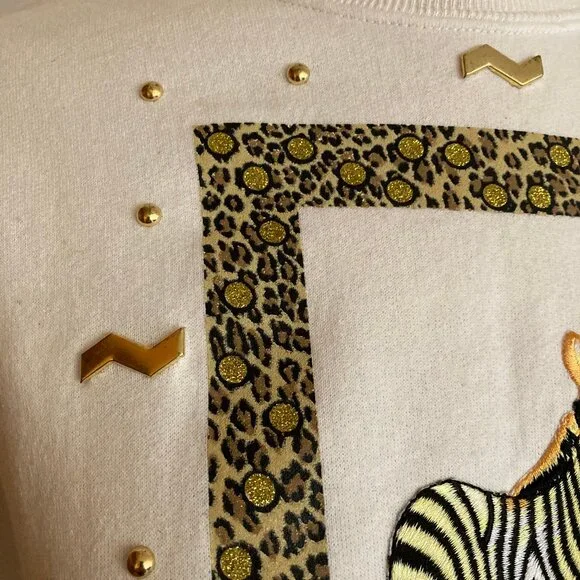 P.G.B. Zebra Sweatshirt 90s Animal Pattern Squiggle Glittery Shiny Beaded - Picture 4 of 13